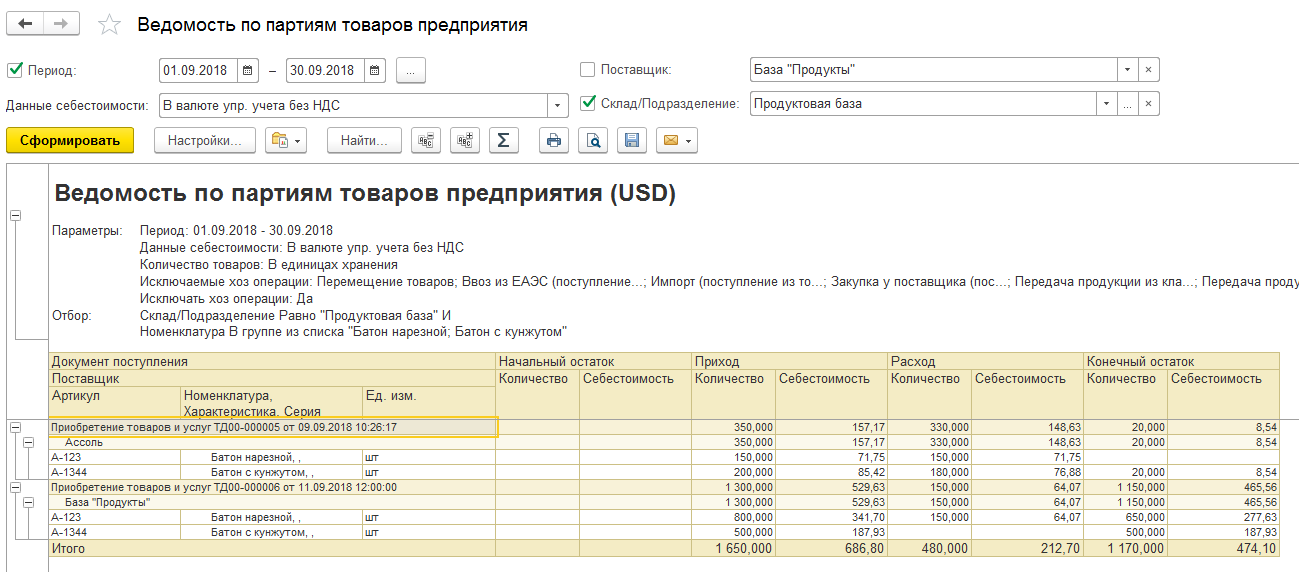 Ведомость по партиям товаров отражает количество партий, их себестоимость и автоматически рассчитывает конечный остаток.